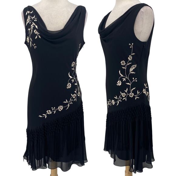 Vintage 90s Alex Evenings Dress Embroidered Cowl Neck Fringe Hem Black Womens 8 - Picture 1 of 9